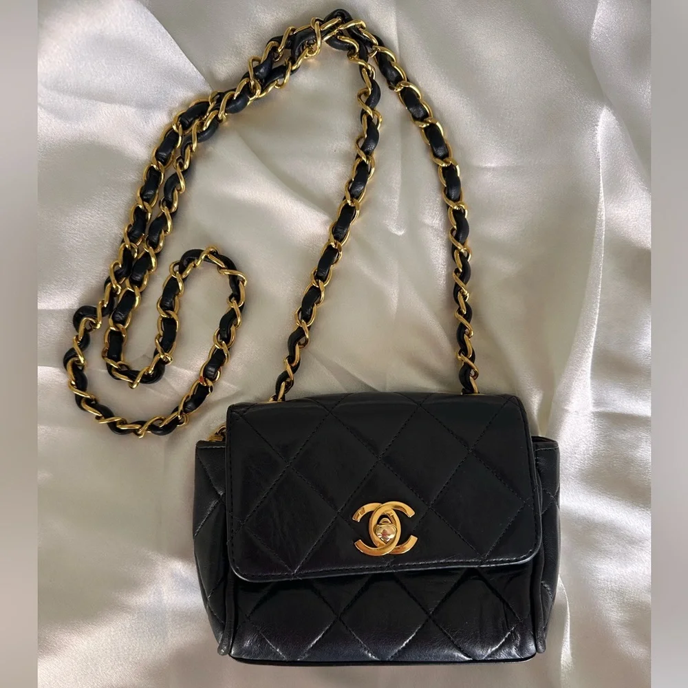 Chanel 1994 Mini Black Quilted Crossbody with Gold Chain